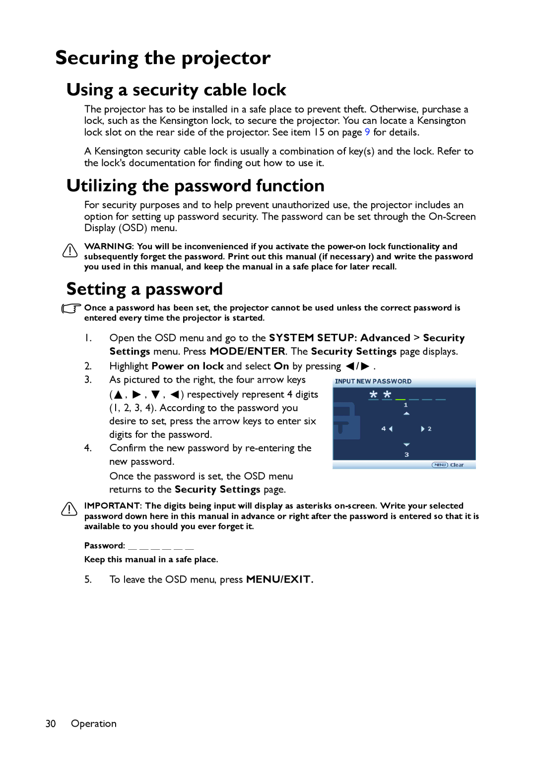 BenQ MX514, MW516 Securing the projector, Using a security cable lock, Utilizing the password function, Setting a password 