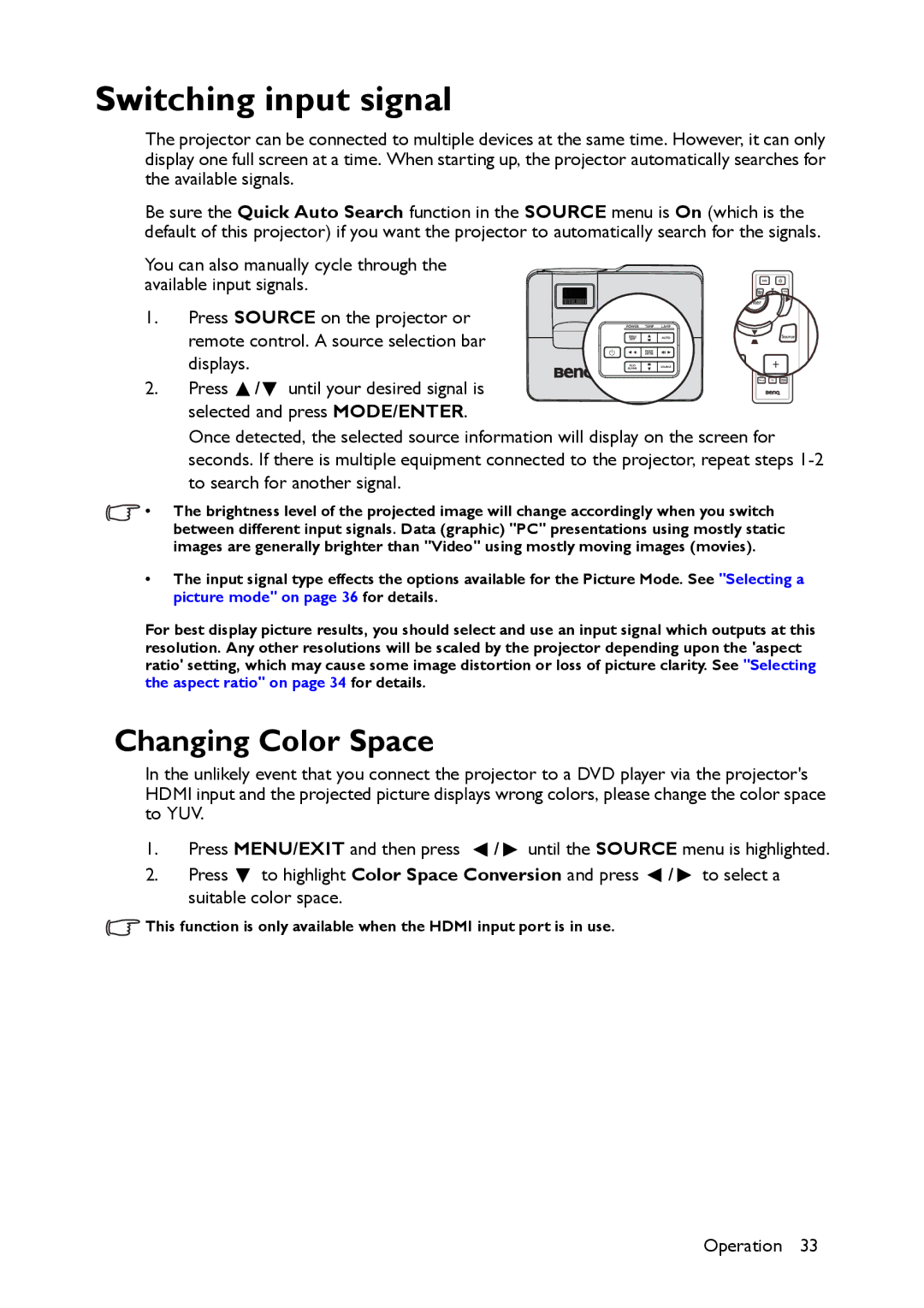 BenQ MW516, MX514 user manual Switching input signal, Changing Color Space 