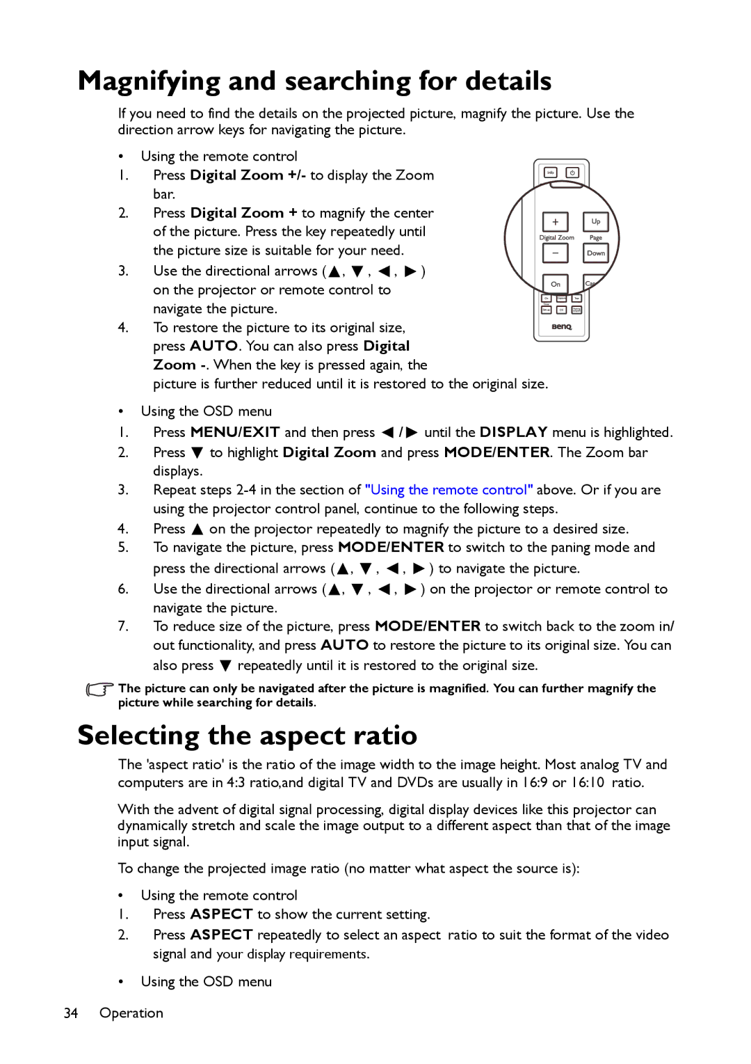 BenQ MX514, MW516 user manual Magnifying and searching for details, Selecting the aspect ratio 