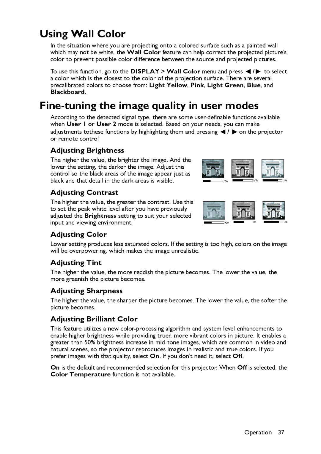 BenQ MW516, MX514 user manual Using Wall Color, Fine-tuning the image quality in user modes 