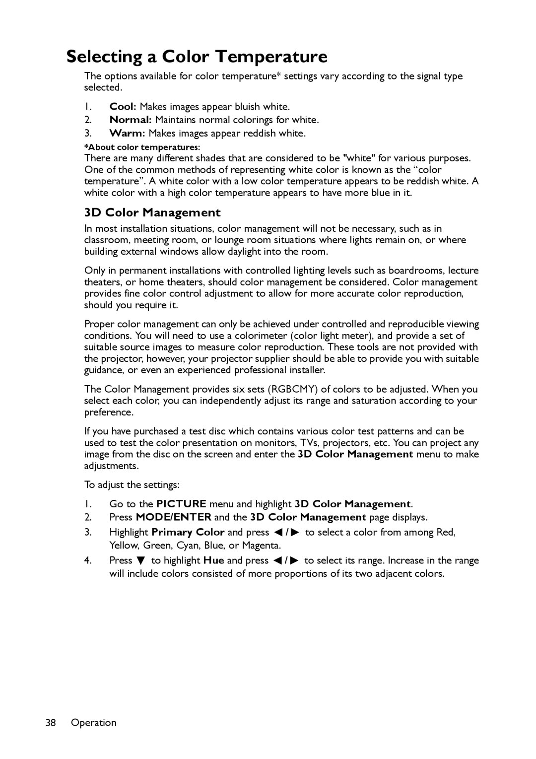 BenQ MX514, MW516 user manual Selecting a Color Temperature, Press MODE/ENTER and the 3D Color Management page displays 