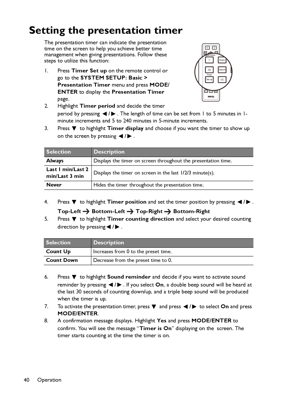 BenQ MX514, MW516 user manual Setting the presentation timer, Top-Left Bottom-Left Top-Right Bottom-Right 