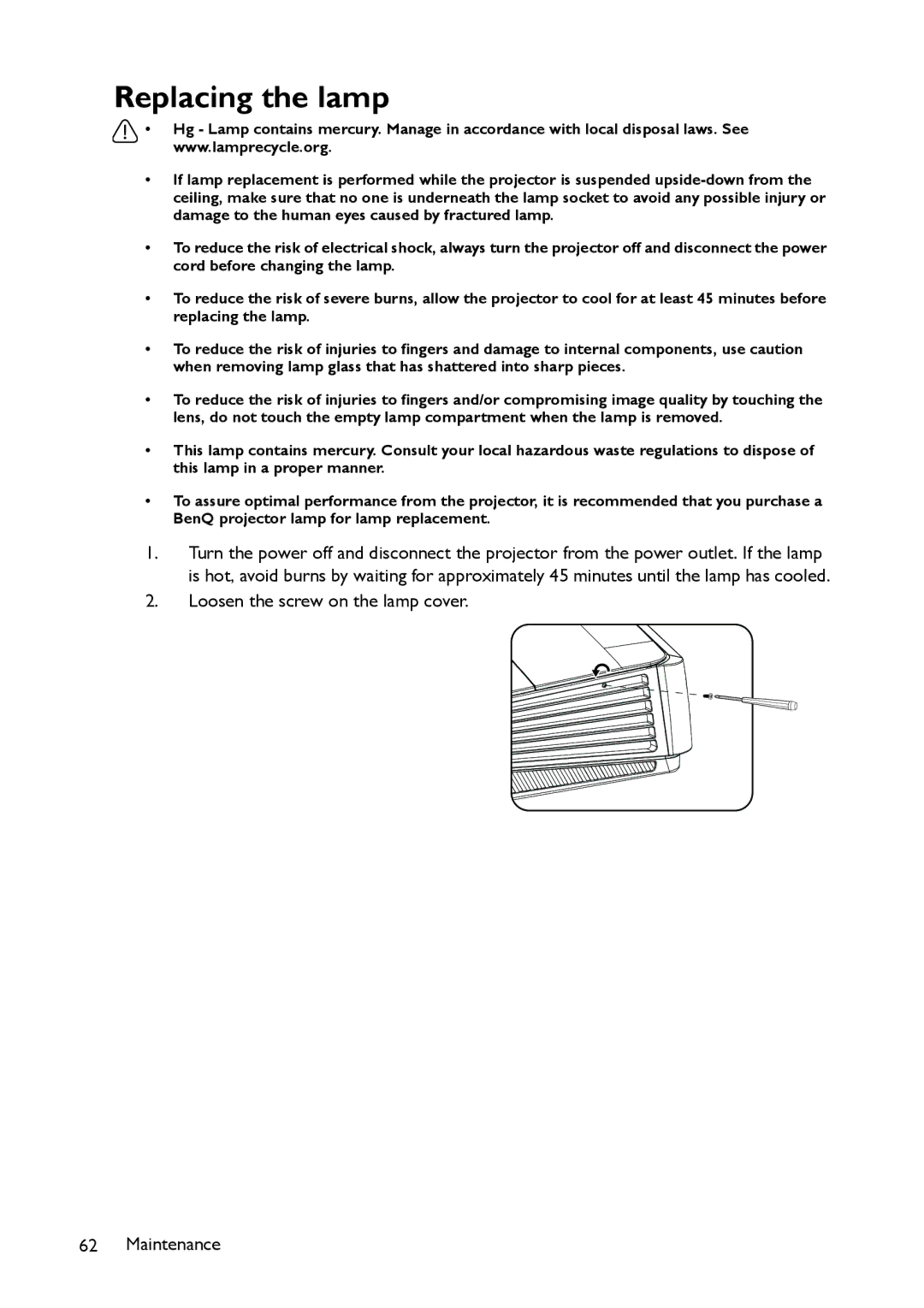 BenQ MX514, MW516 user manual Replacing the lamp 