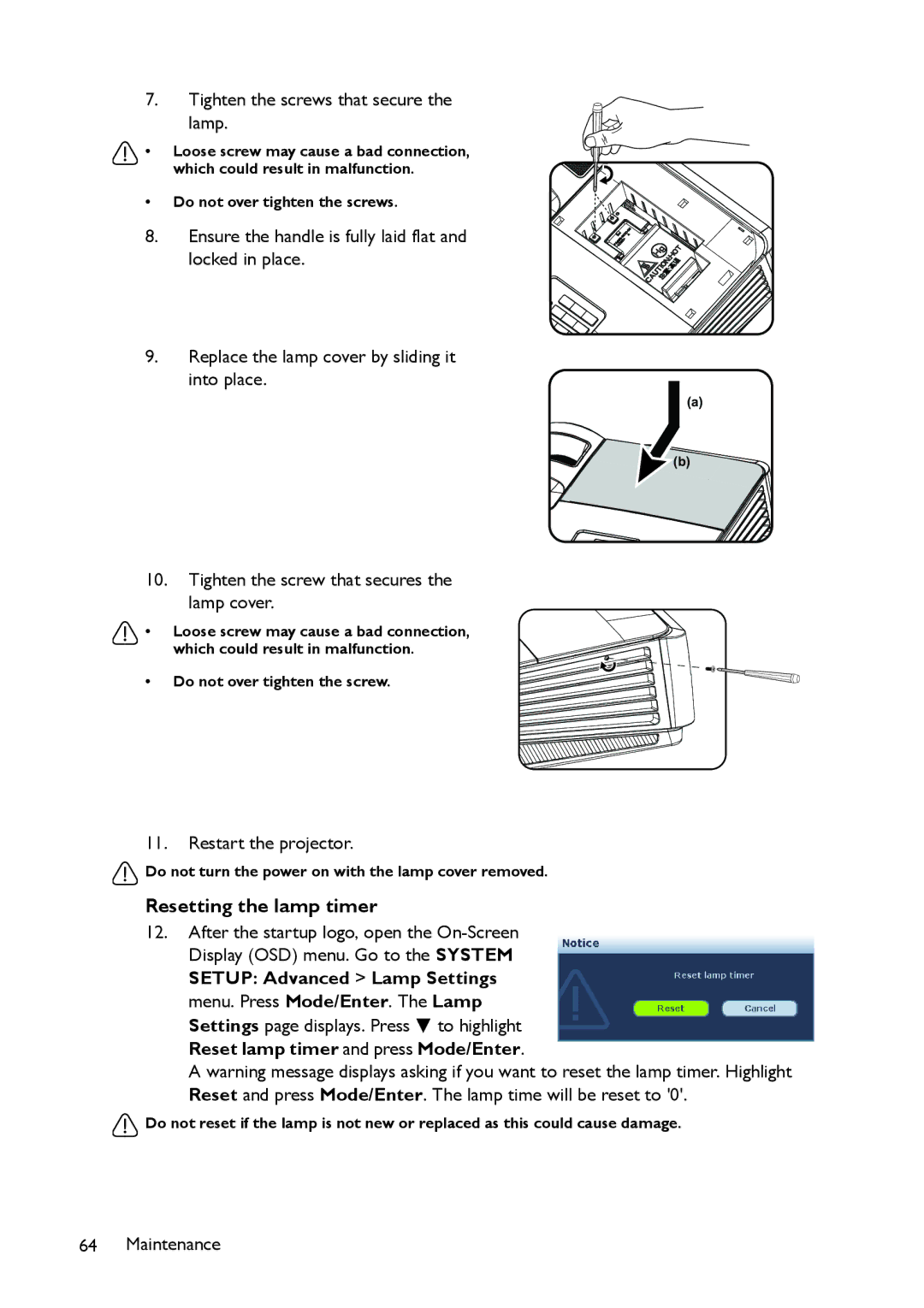 BenQ MX514, MW516 user manual Resetting the lamp timer 