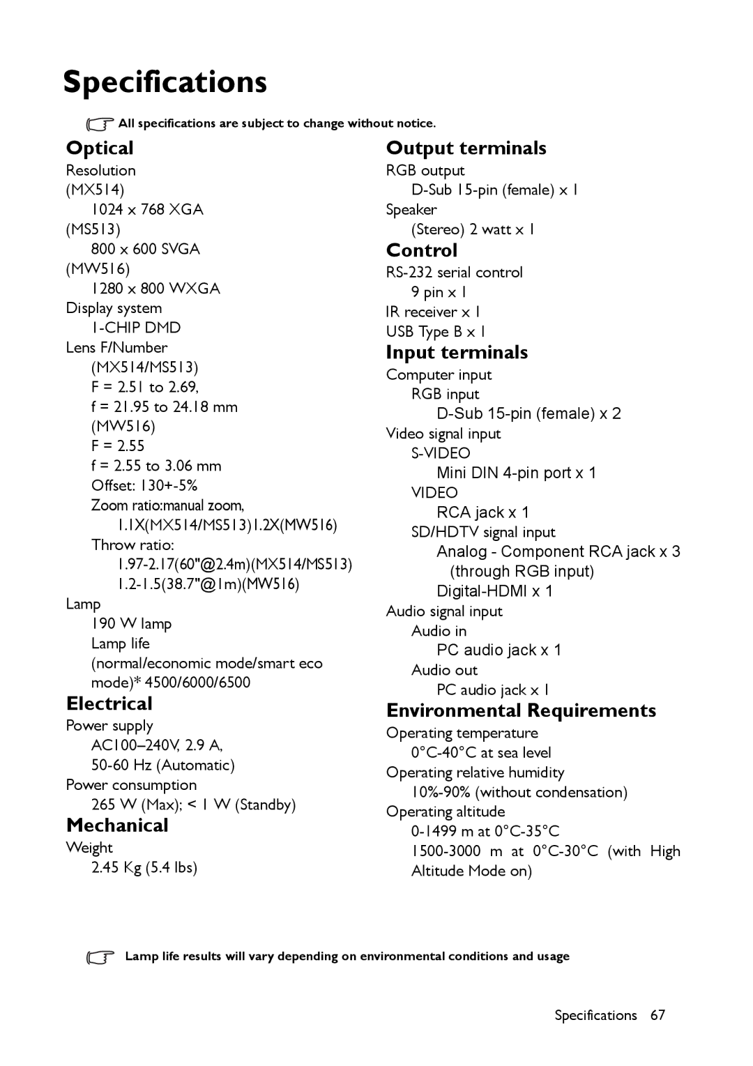 BenQ MW516, MX514 user manual Specifications, Optical 