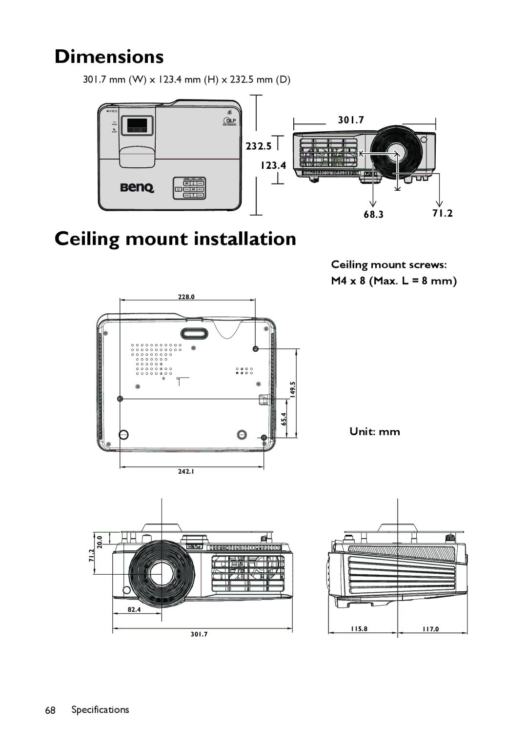 BenQ MX514, MW516 user manual Dimensions, Ceiling mount installation, 232.5 123.4, 301.7 68.3 71.2 