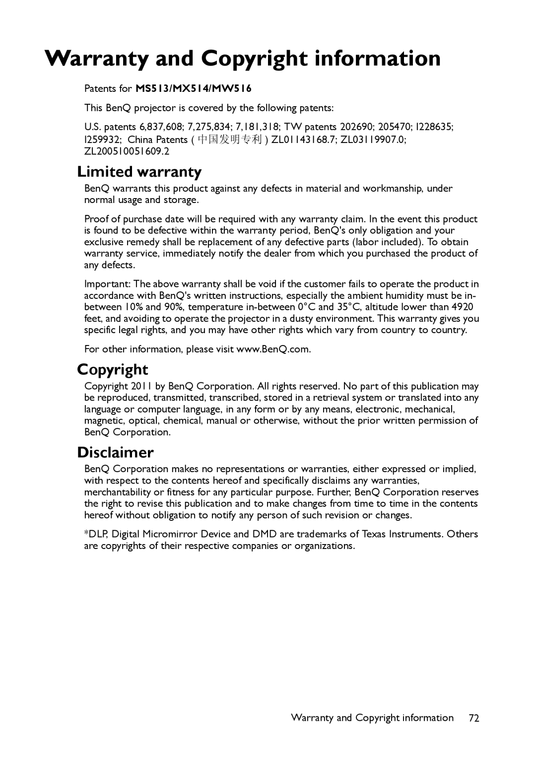 BenQ user manual Warranty and Copyright information, Patents for MS513/MX514/MW516 