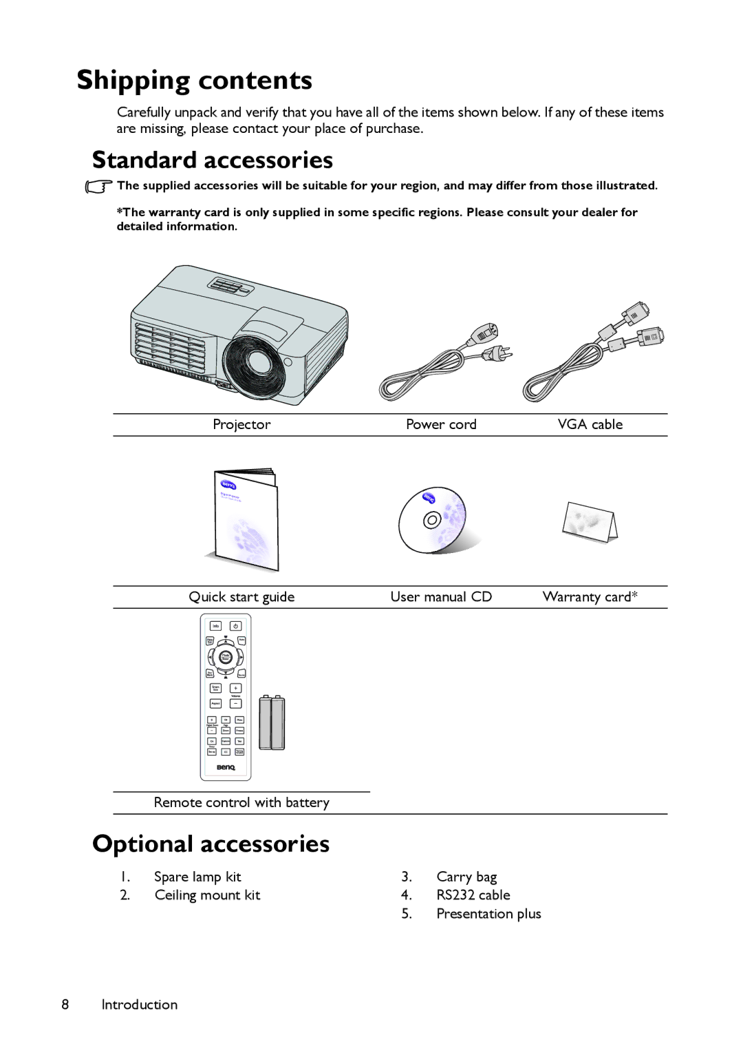 BenQ MX514, MW516 user manual Shipping contents 