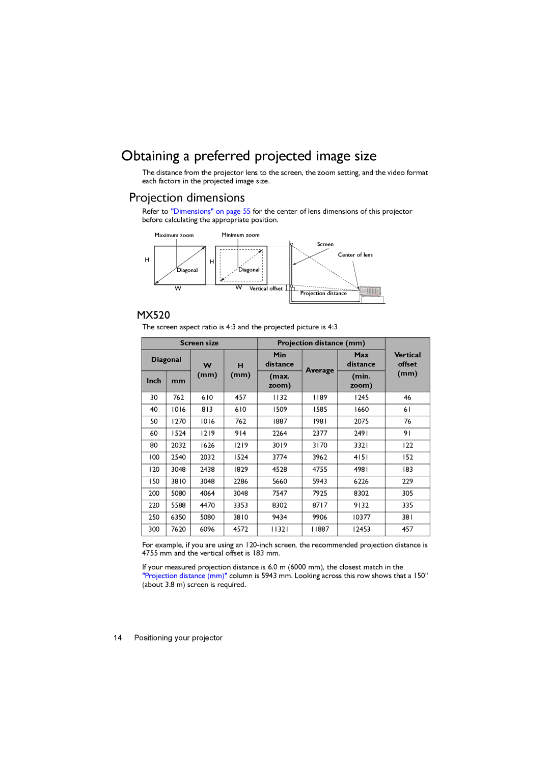 BenQ MX520 user manual Obtaining a preferred projected image size, Projection dimensions 