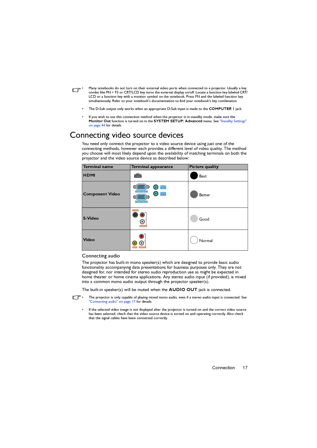 BenQ MX520 user manual Connecting video source devices, Connecting audio, Terminal name Terminal appearance, Best 