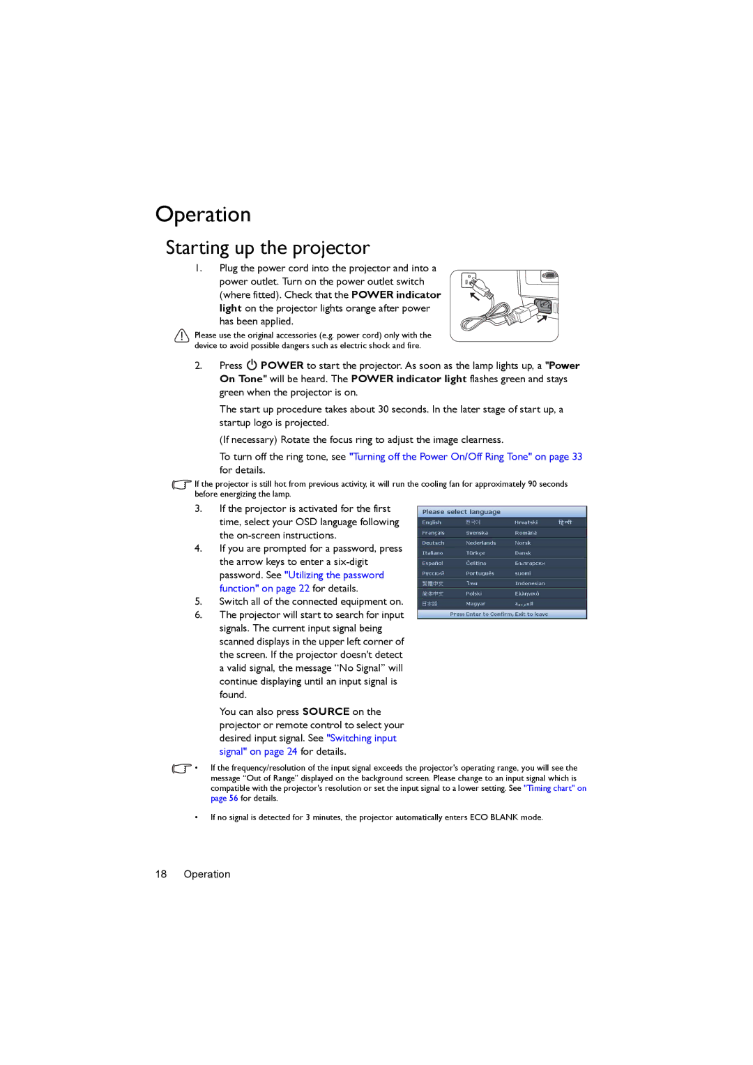 BenQ MX520 user manual Operation, Starting up the projector 