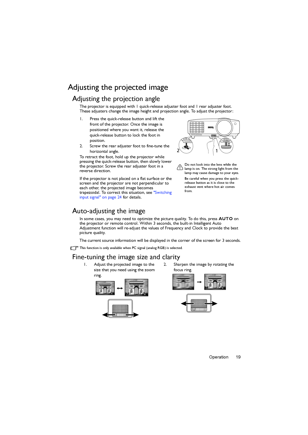 BenQ MX520 user manual Adjusting the projected image, Adjusting the projection angle, Auto-adjusting the image 