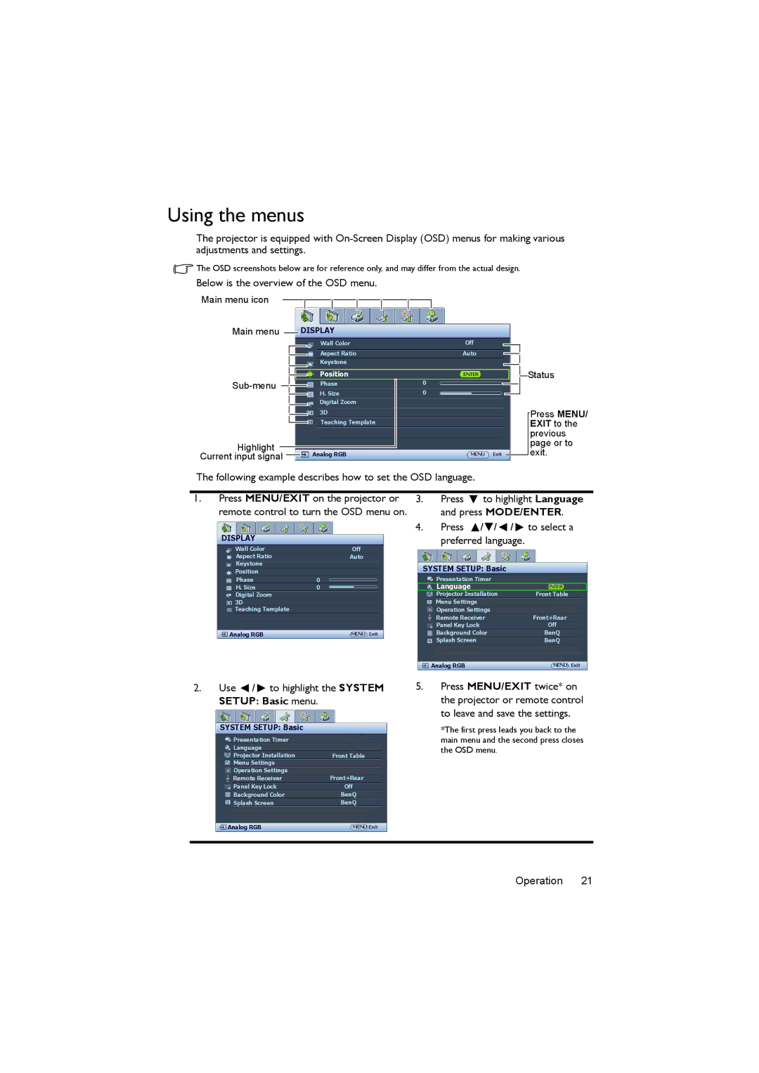 BenQ MX520 user manual Using the menus, Below is the overview of the OSD menu 