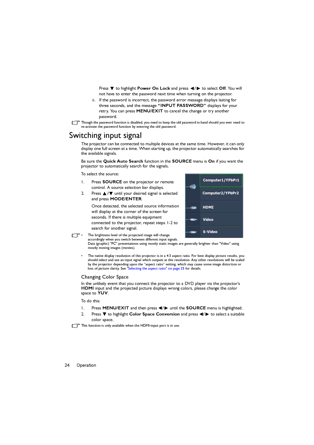 BenQ MX520 user manual Switching input signal, Changing Color Space 