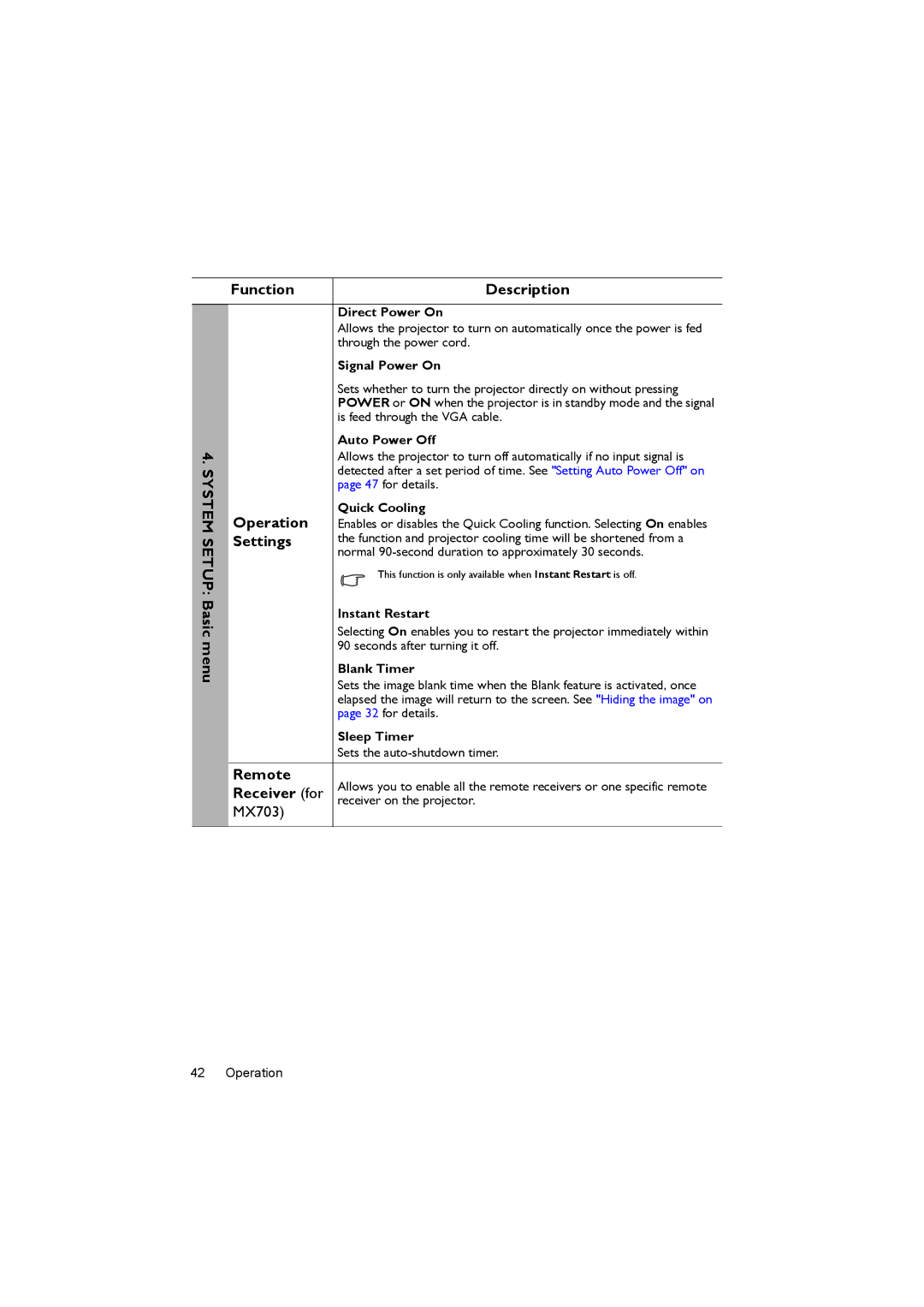 BenQ MX520 user manual System Setup Basic menu Function Description, Operation, Remote, Receiver for, MX703 