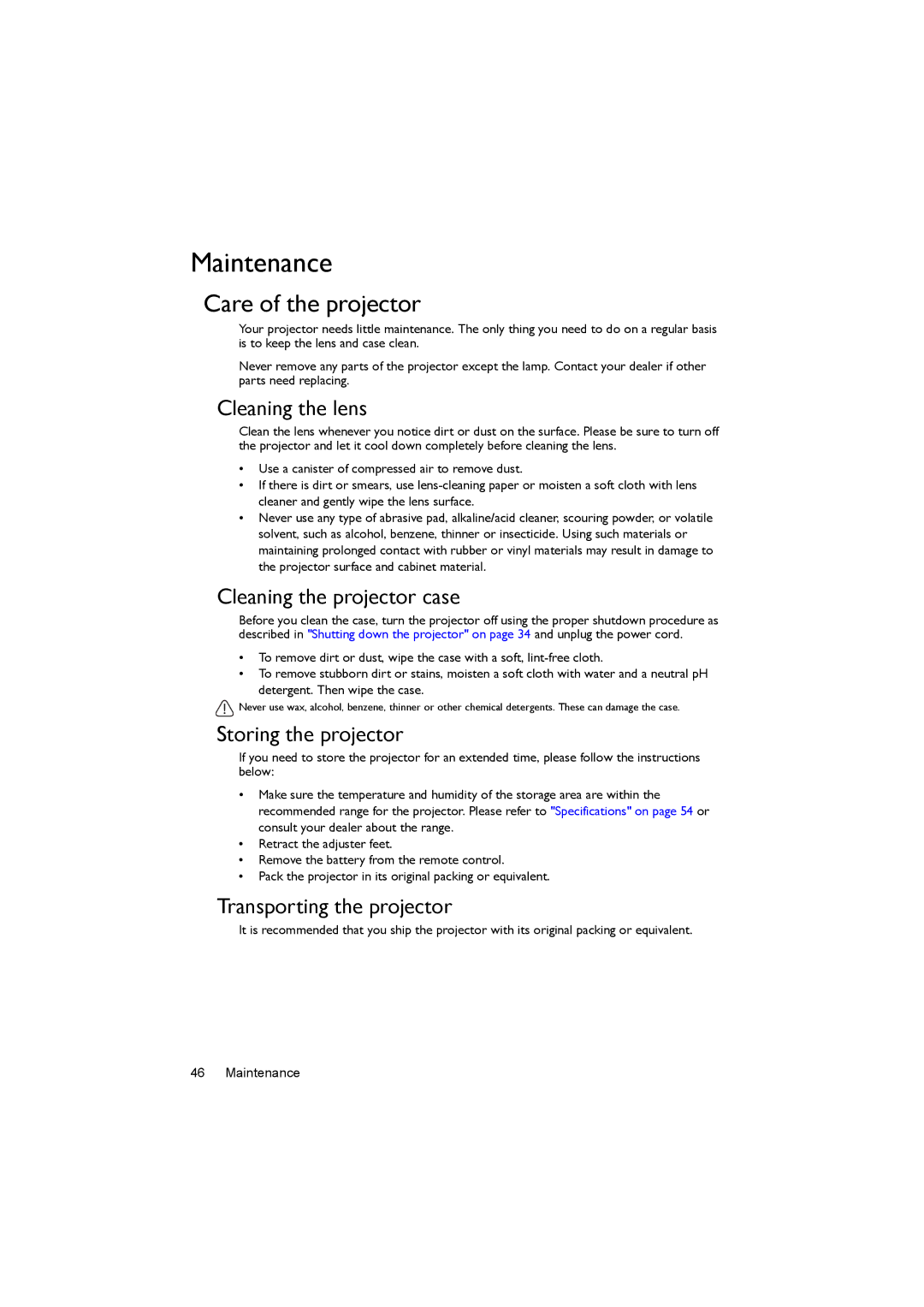 BenQ MX520 user manual Maintenance, Care of the projector 