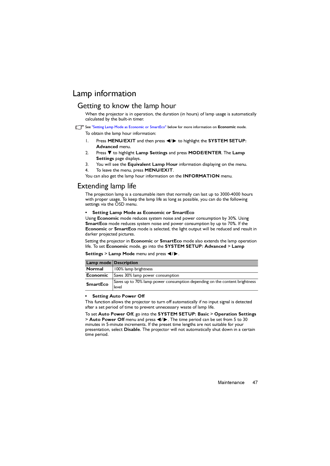 BenQ MX520 user manual Lamp information, Getting to know the lamp hour, Extending lamp life 