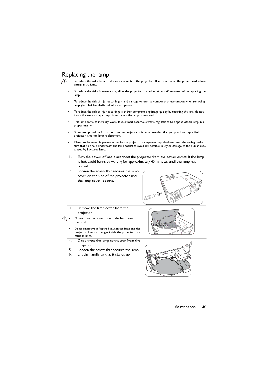 BenQ MX520 user manual Replacing the lamp 