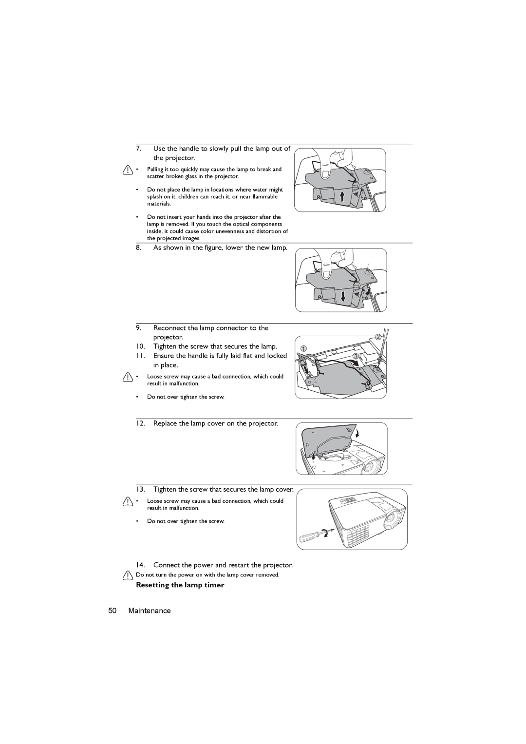 BenQ MX520 user manual Use the handle to slowly pull the lamp out Projector, Resetting the lamp timer 