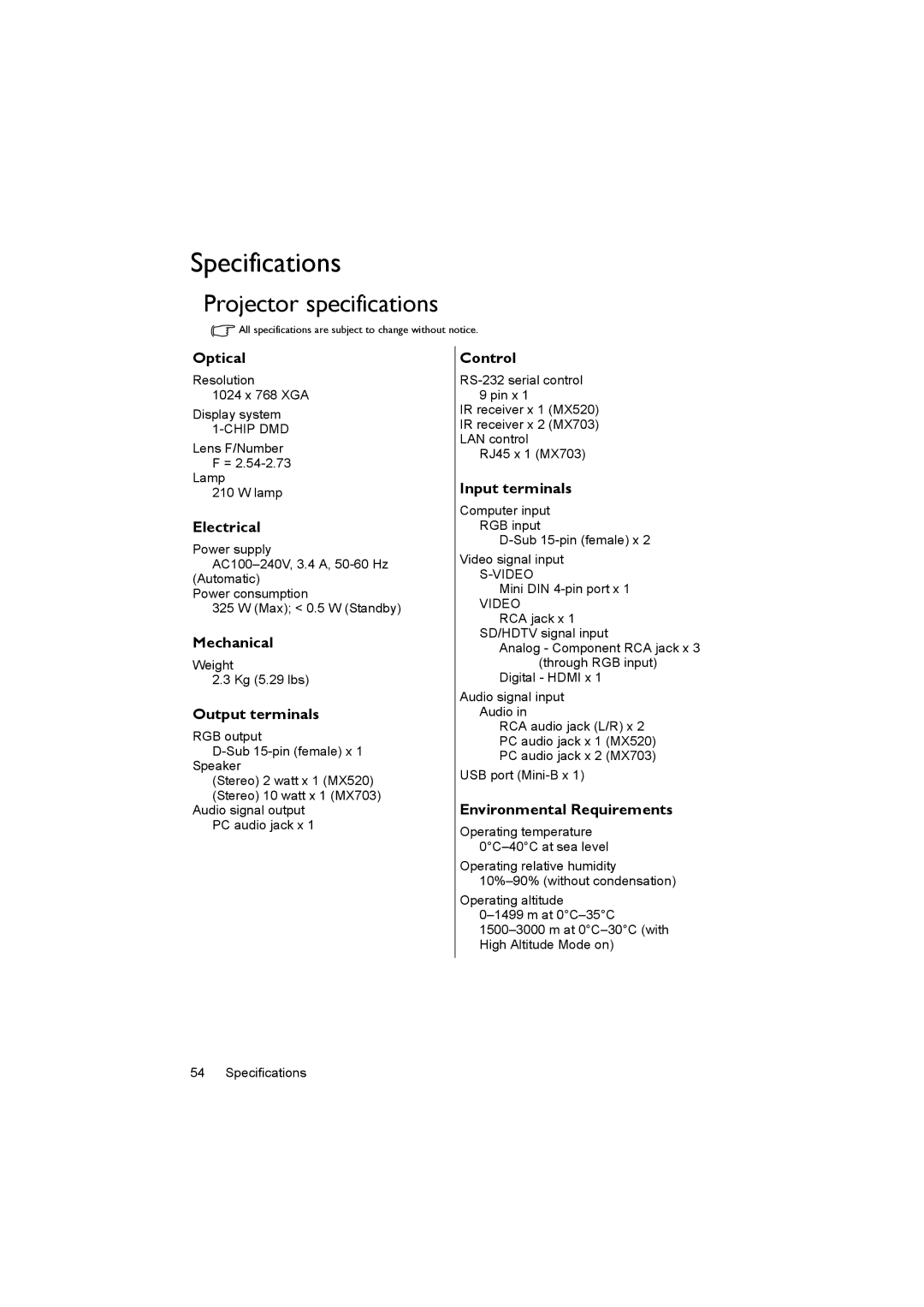 BenQ MX520 user manual Specifications, Projector specifications 