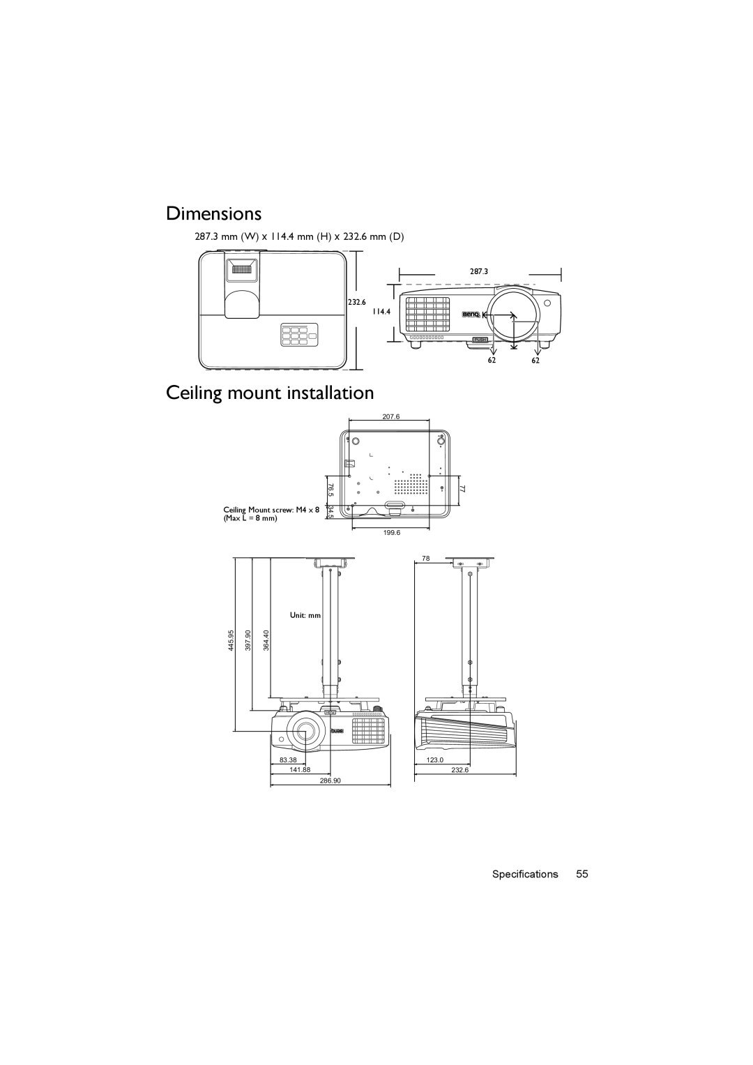 BenQ MX520 user manual Dimensions, Ceiling mount installation 