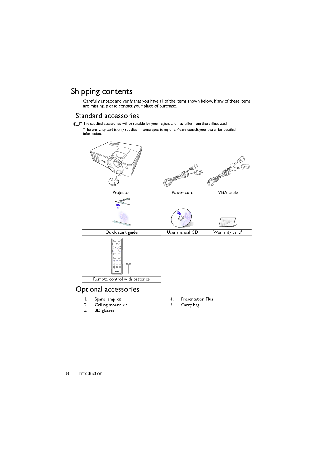 BenQ MX520 user manual Shipping contents 