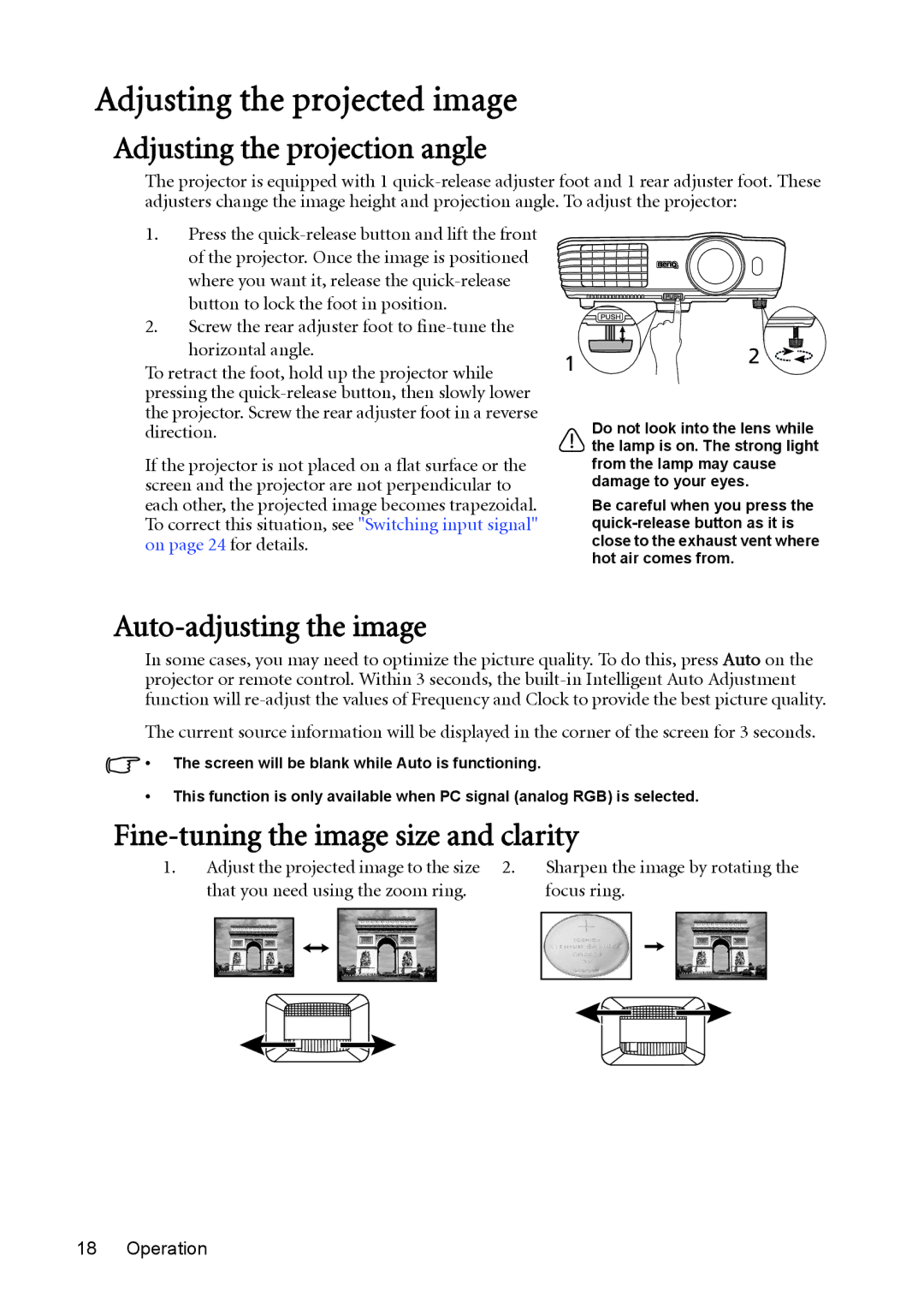 BenQ MX613ST, MS612ST user manual Adjusting the projected image, Adjusting the projection angle, Auto-adjusting the image 