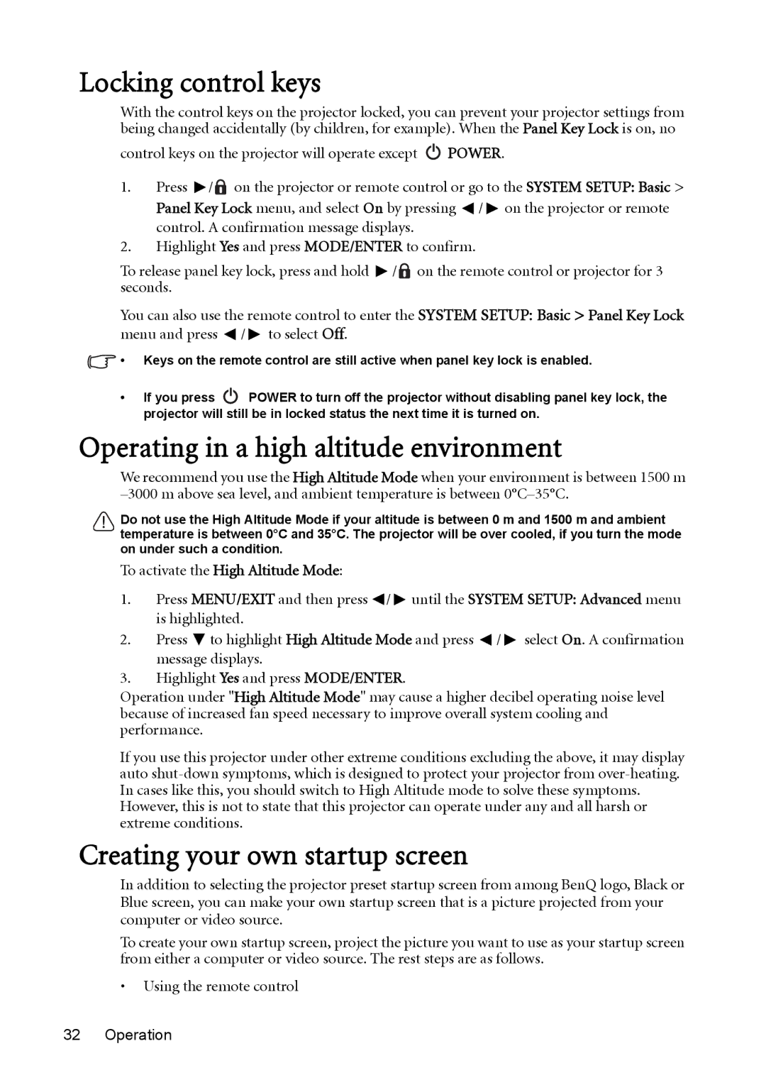 BenQ MX613ST, MS612ST Locking control keys, Operating in a high altitude environment, Creating your own startup screen 