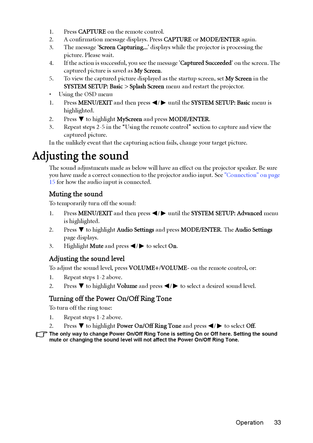 BenQ MS612ST, MX613ST user manual Muting the sound, Adjusting the sound level, Turning off the Power On/Off Ring Tone 