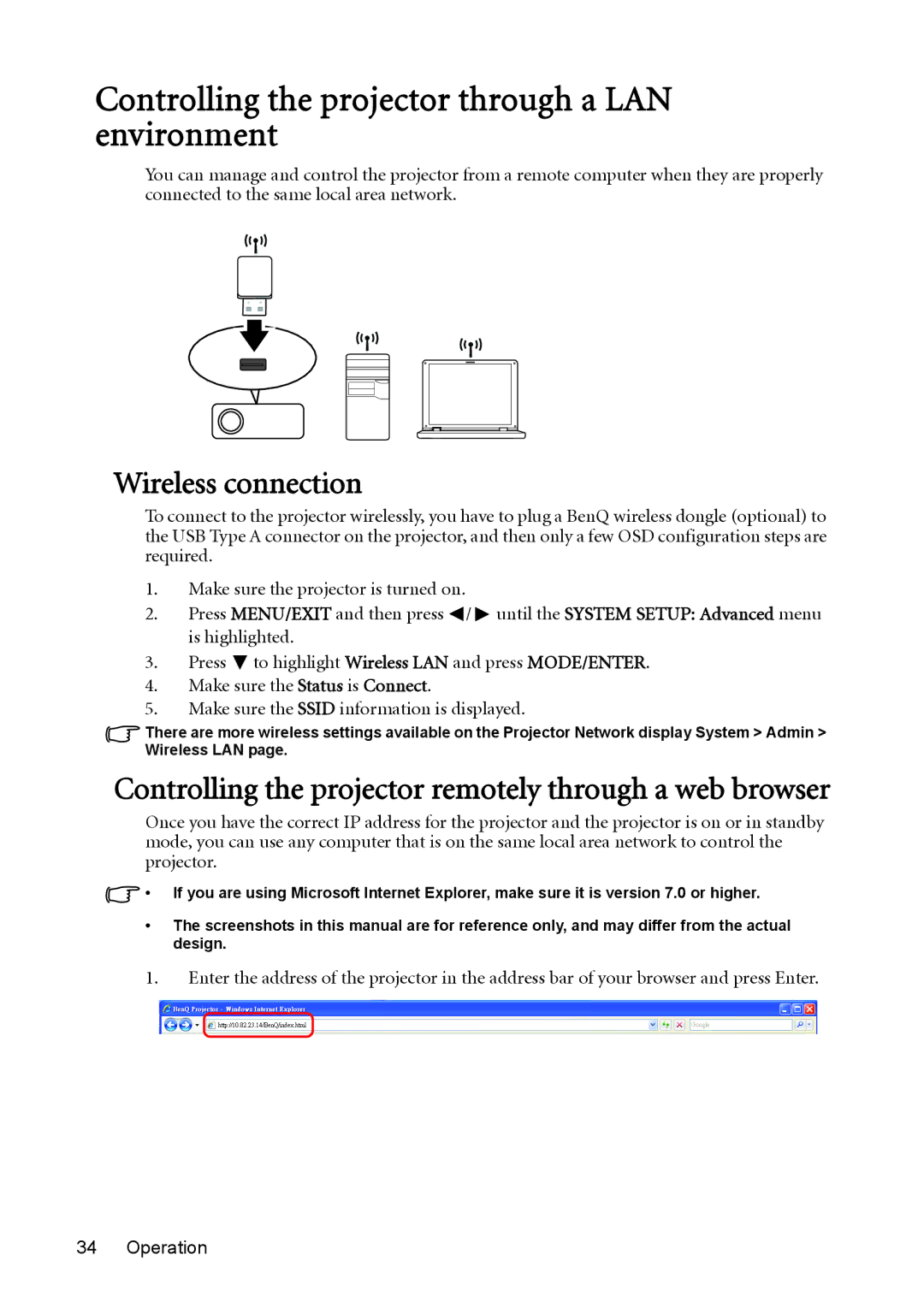 BenQ MX613ST, MS612ST user manual Controlling the projector through a LAN environment, Wireless connection 