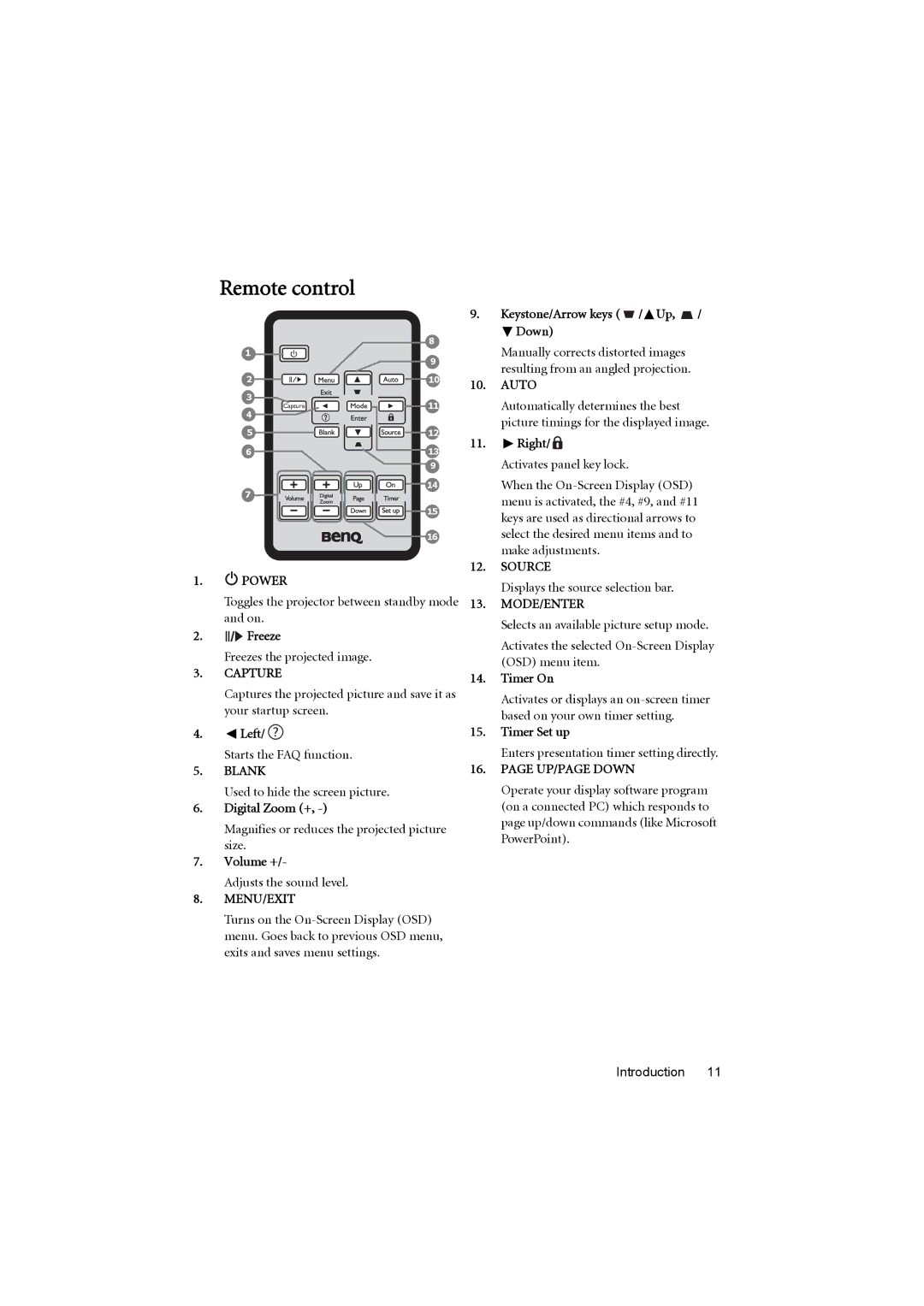 BenQ MS614, MX615 user manual Freeze, Digital Zoom +, Volume +, Keystone/Arrow keys / Up Down, Timer On, Timer Set up 