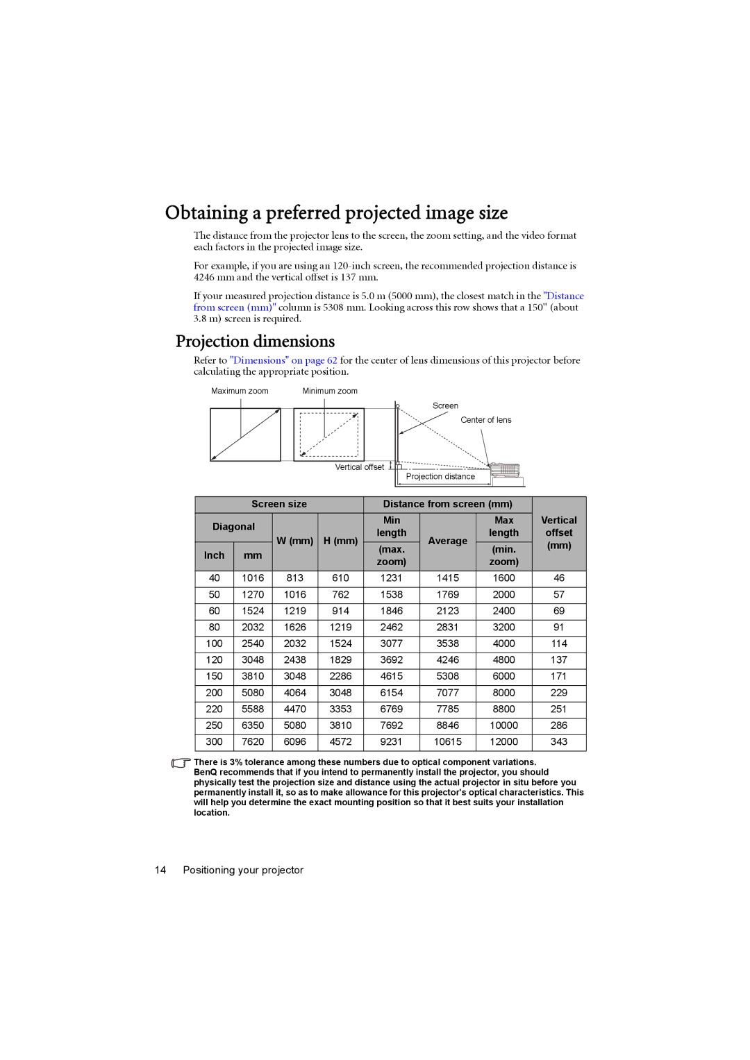 BenQ MX615 Obtaining a preferred projected image size, Projection dimensions, Screen size Distance from screen mm Diagonal 