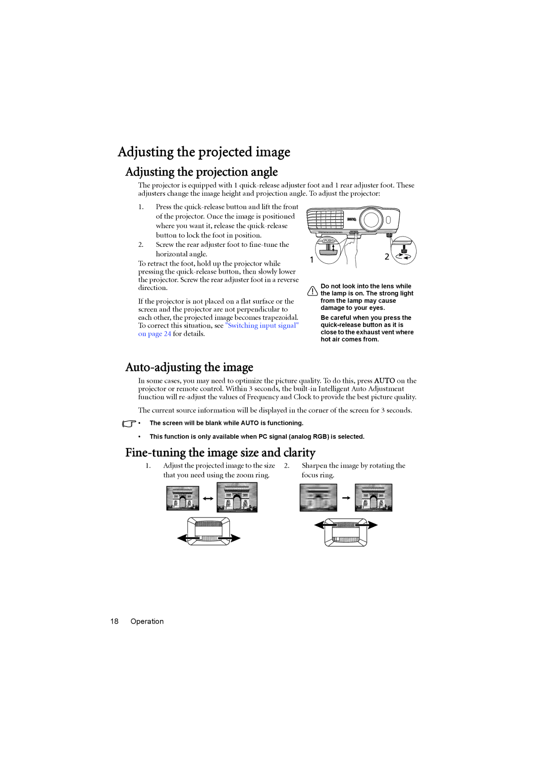 BenQ MX615, MS614 user manual Adjusting the projected image, Adjusting the projection angle, Auto-adjusting the image 