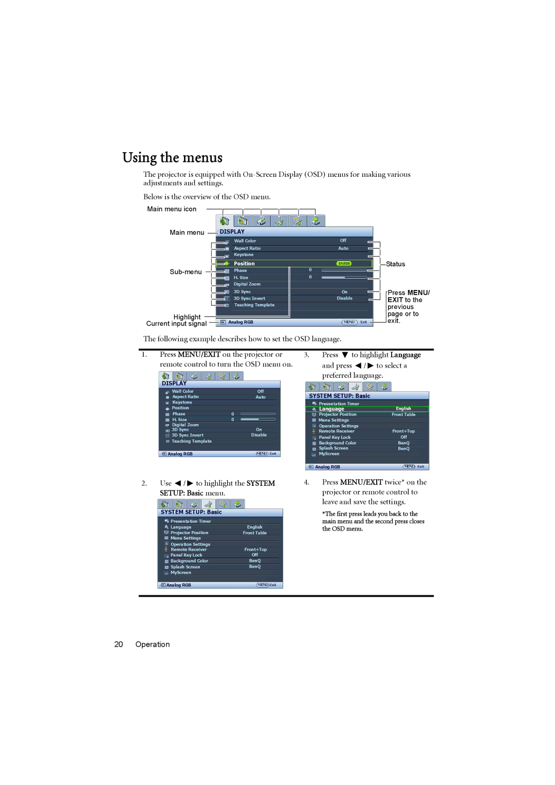 BenQ MX615, MS614 user manual Using the menus, Following example describes how to set the OSD language 
