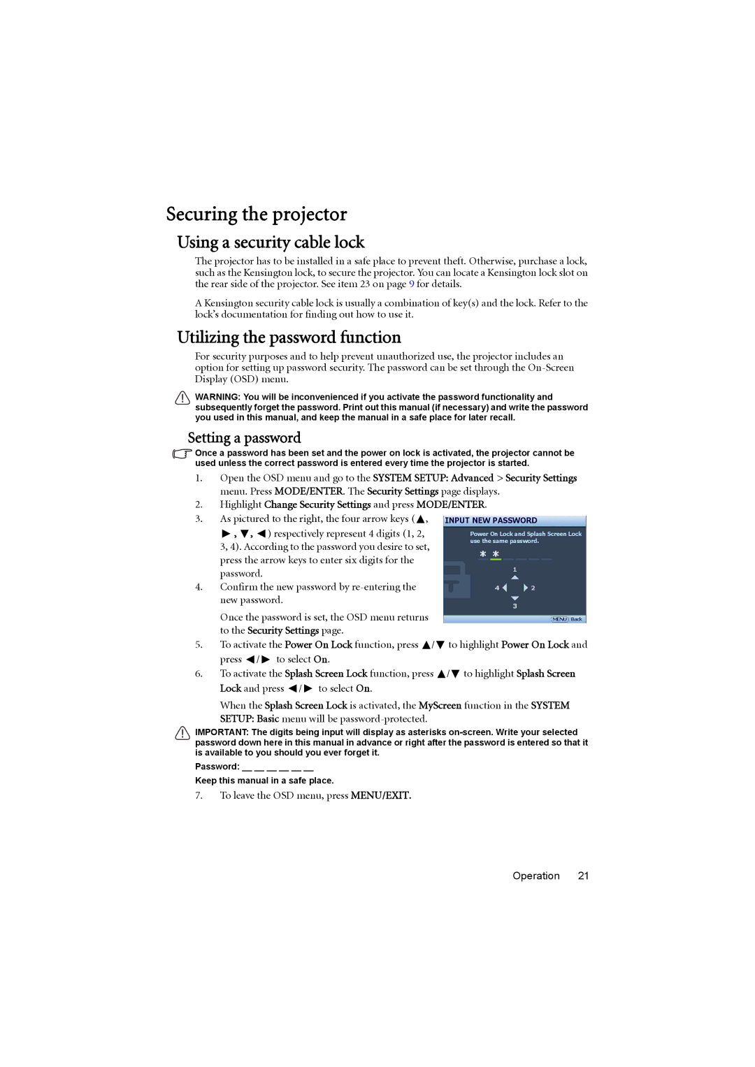 BenQ MS614, MX615 Securing the projector, Using a security cable lock, Utilizing the password function, Setting a password 
