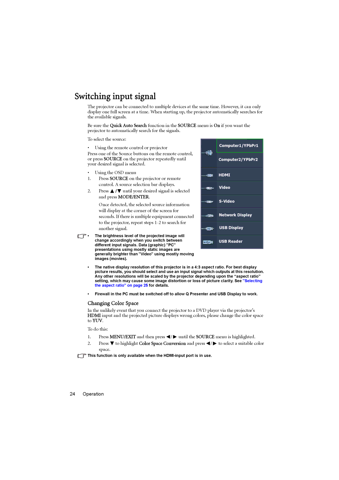 BenQ MX615, MS614 user manual Switching input signal, Changing Color Space 