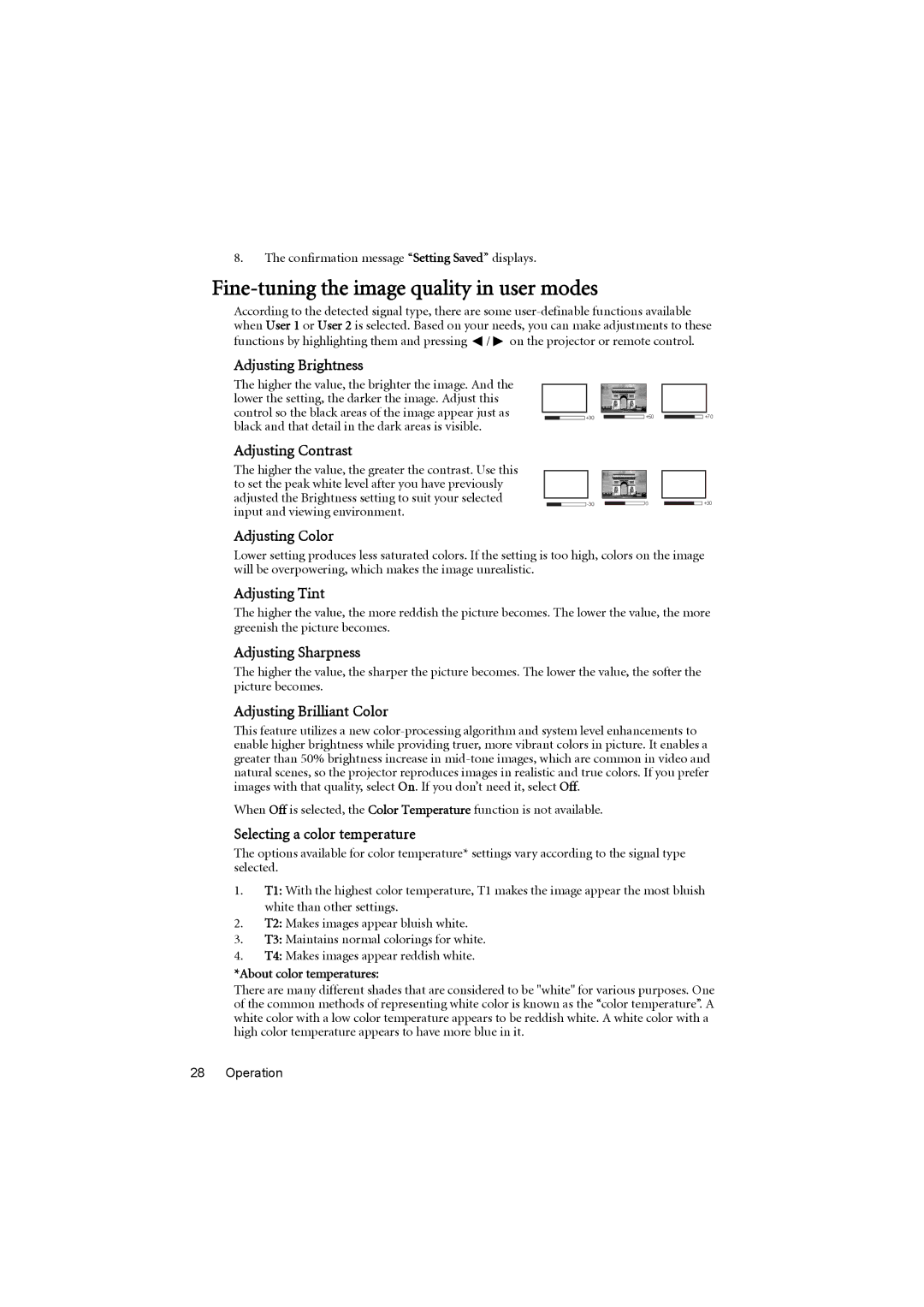 BenQ MX615, MS614 user manual Fine-tuning the image quality in user modes 