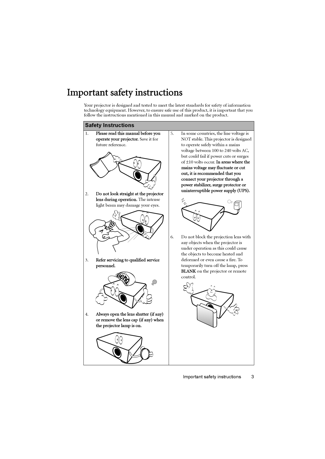 BenQ MS614, MX615 Important safety instructions, Safety Instructions, Refer servicing to qualified service personnel 