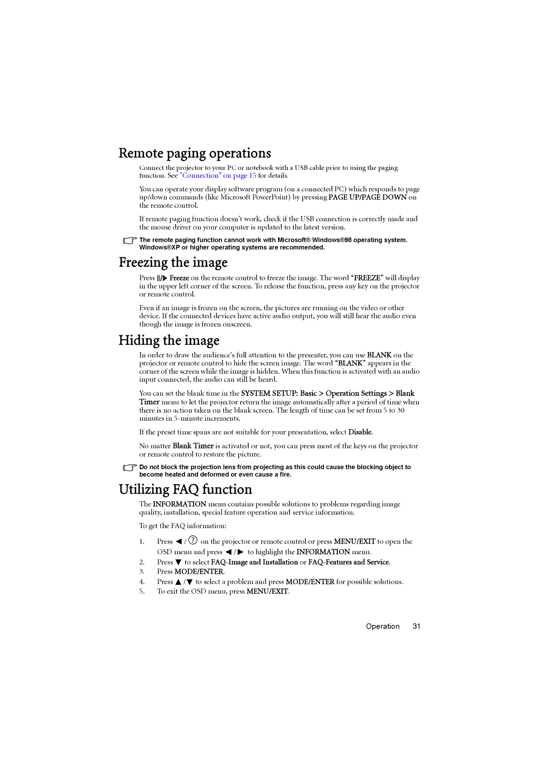 BenQ MS614, MX615 user manual Remote paging operations, Freezing the image, Hiding the image, Utilizing FAQ function 