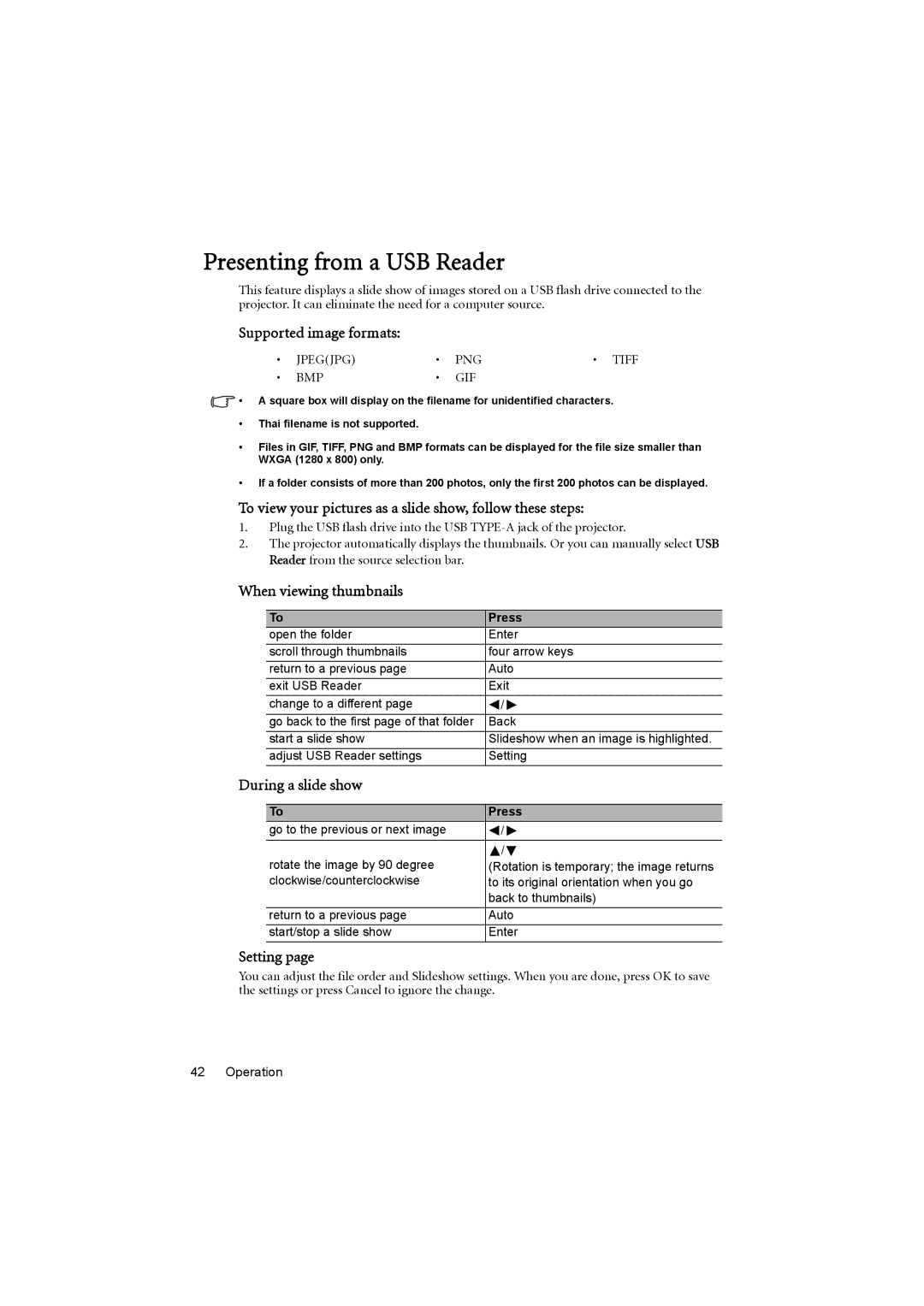 BenQ MX615, MS614 user manual Presenting from a USB Reader 