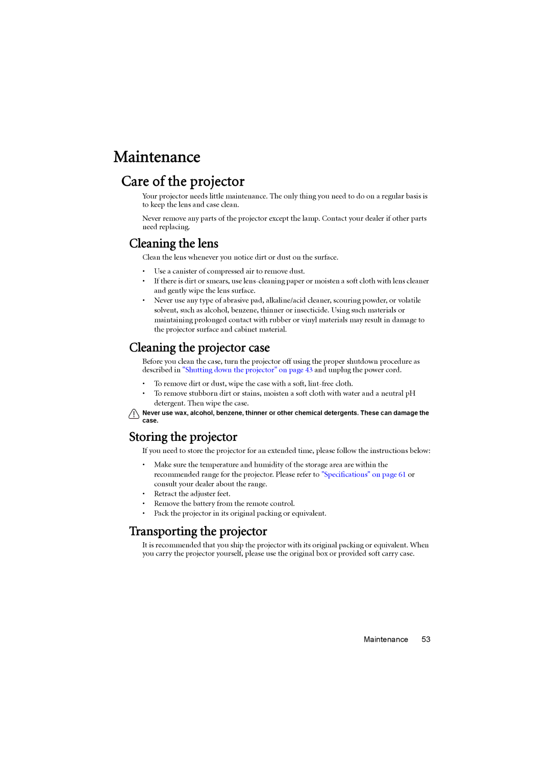 BenQ MS614, MX615 user manual Maintenance, Care of the projector 