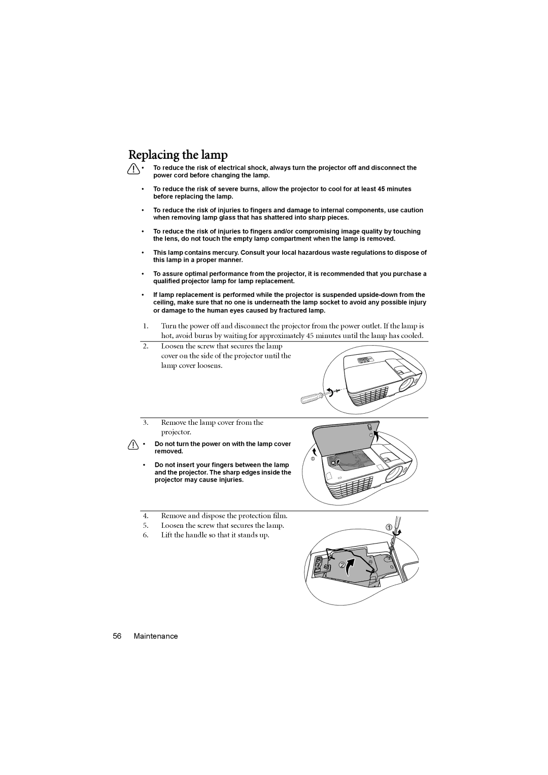 BenQ MX615, MS614 user manual Replacing the lamp, Lamp cover loosens Remove the lamp cover from Projector.1 