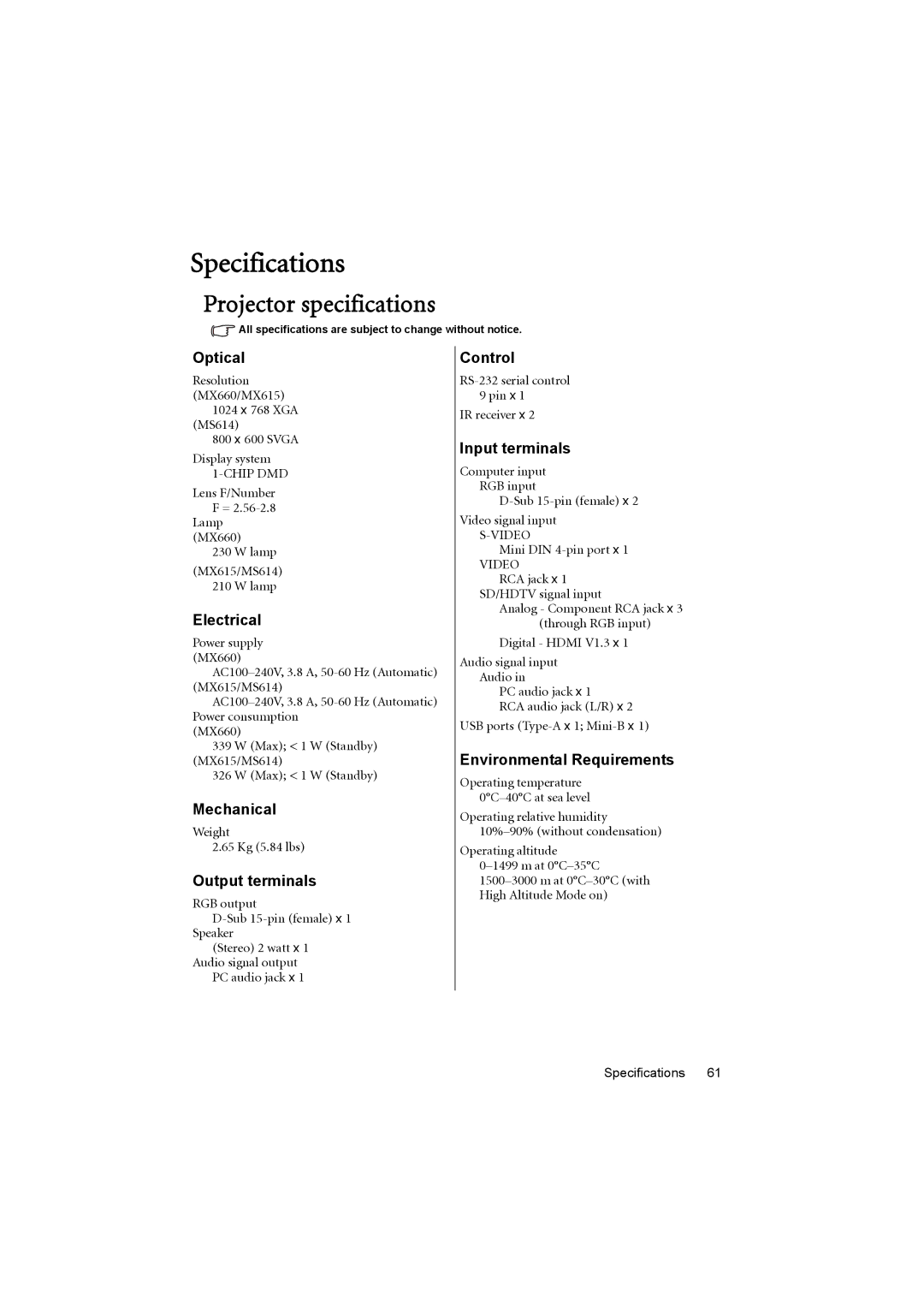 BenQ MS614, MX615 user manual Specifications, Projector specifications 