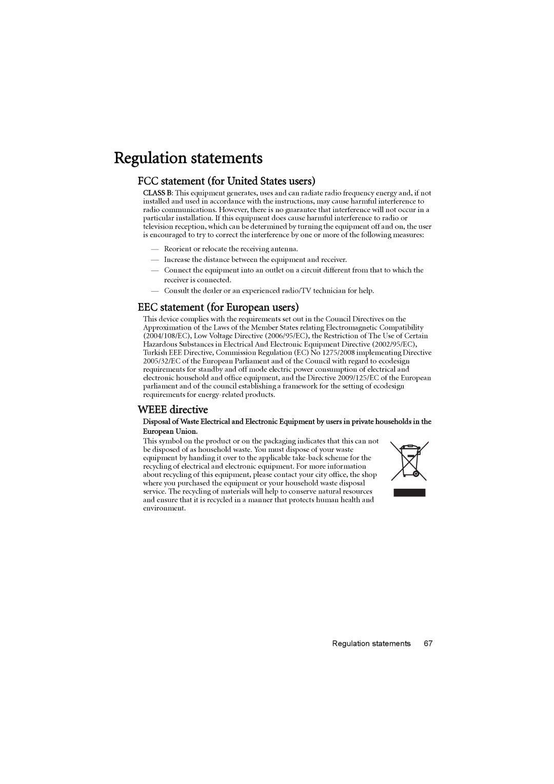 BenQ MS614 Regulation statements, FCC statement for United States users, EEC statement for European users, Weee directive 