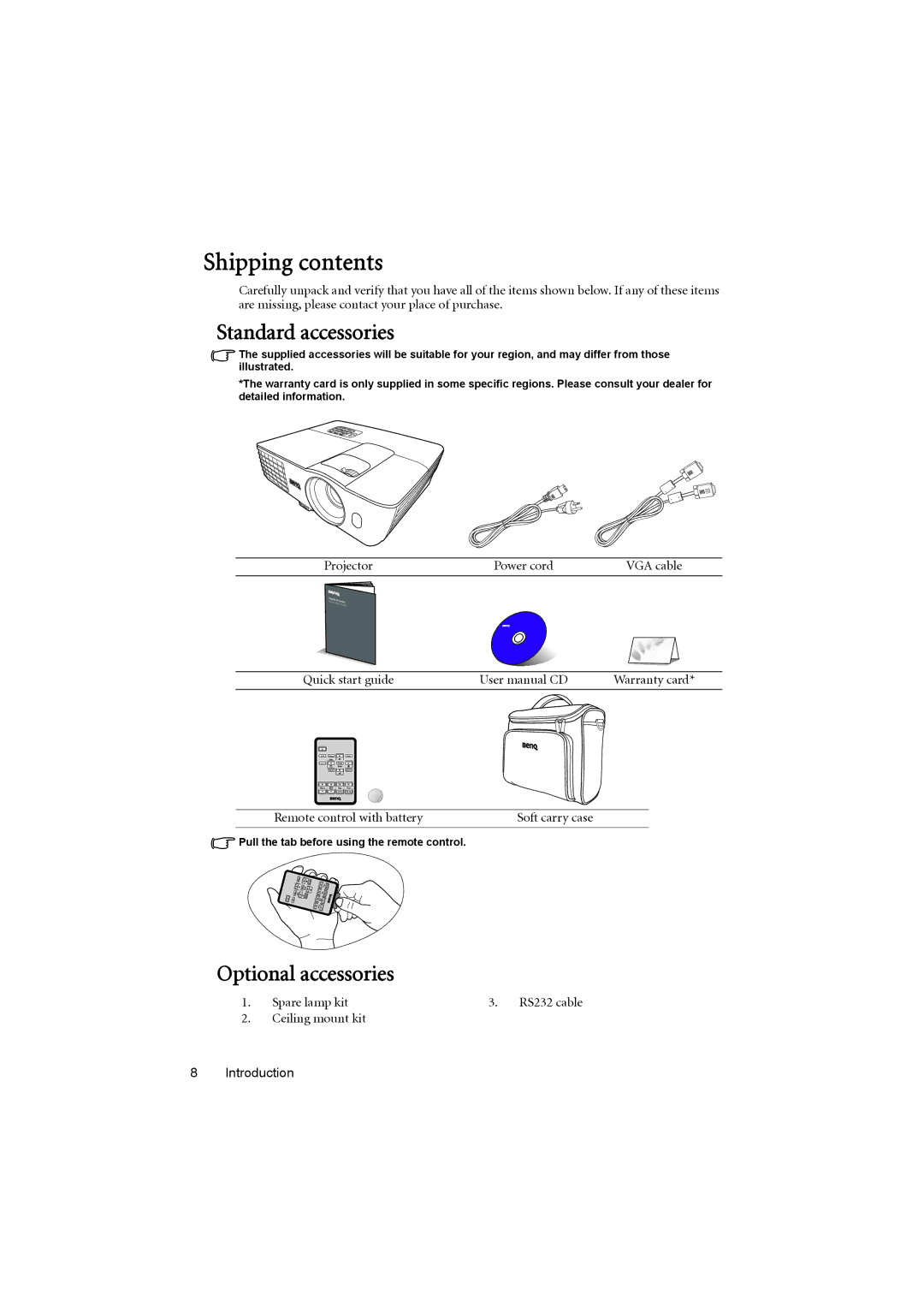 BenQ MX615, MS614 user manual Shipping contents 