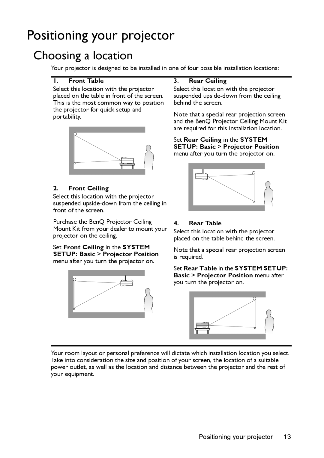 BenQ ms616st, mx618st user manual Positioning your projector, Choosing a location, Front Table, Front Ceiling 