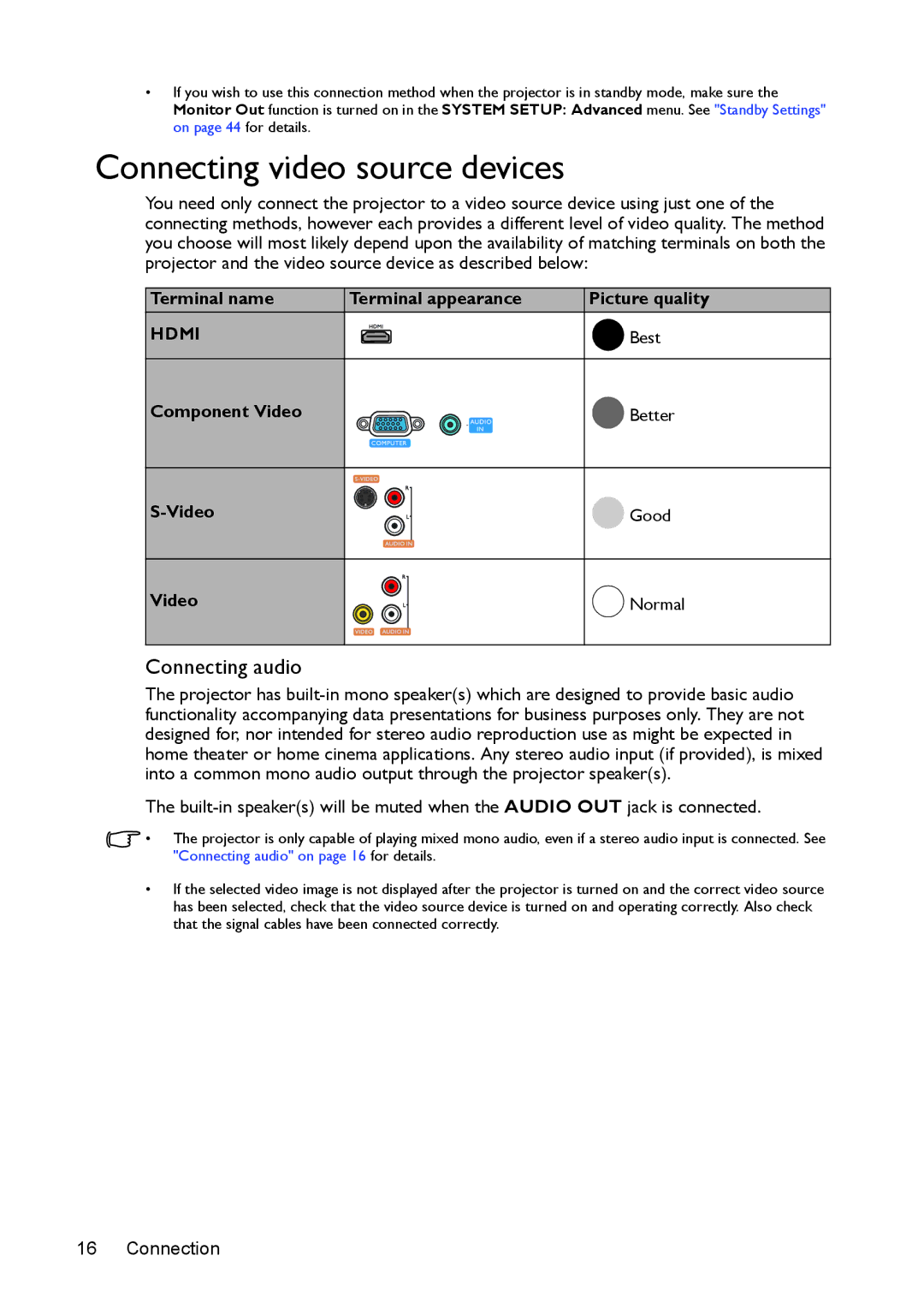 BenQ mx618st, ms616st user manual Connecting video source devices, Connecting audio, Terminal name Terminal appearance, Best 