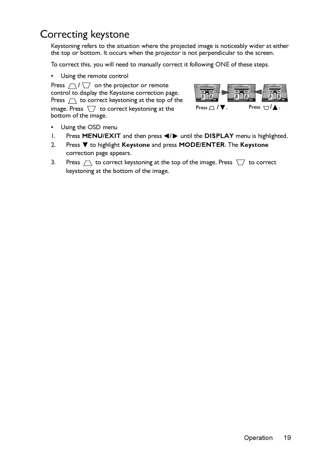 BenQ ms616st, mx618st user manual Correcting keystone 