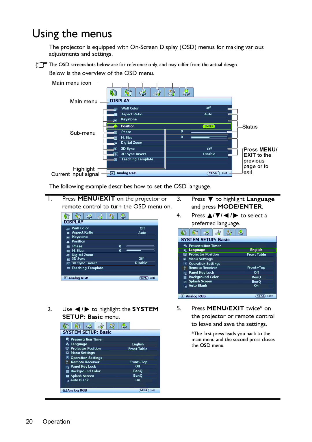 BenQ mx618st, ms616st user manual Using the menus, Below is the overview of the OSD menu 