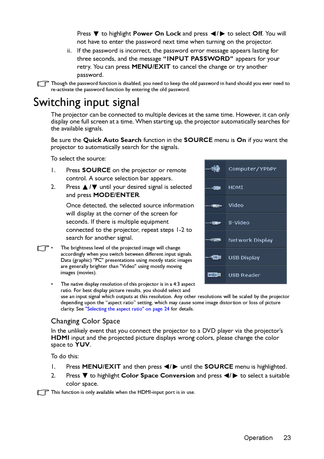 BenQ ms616st, mx618st user manual Switching input signal, Changing Color Space 